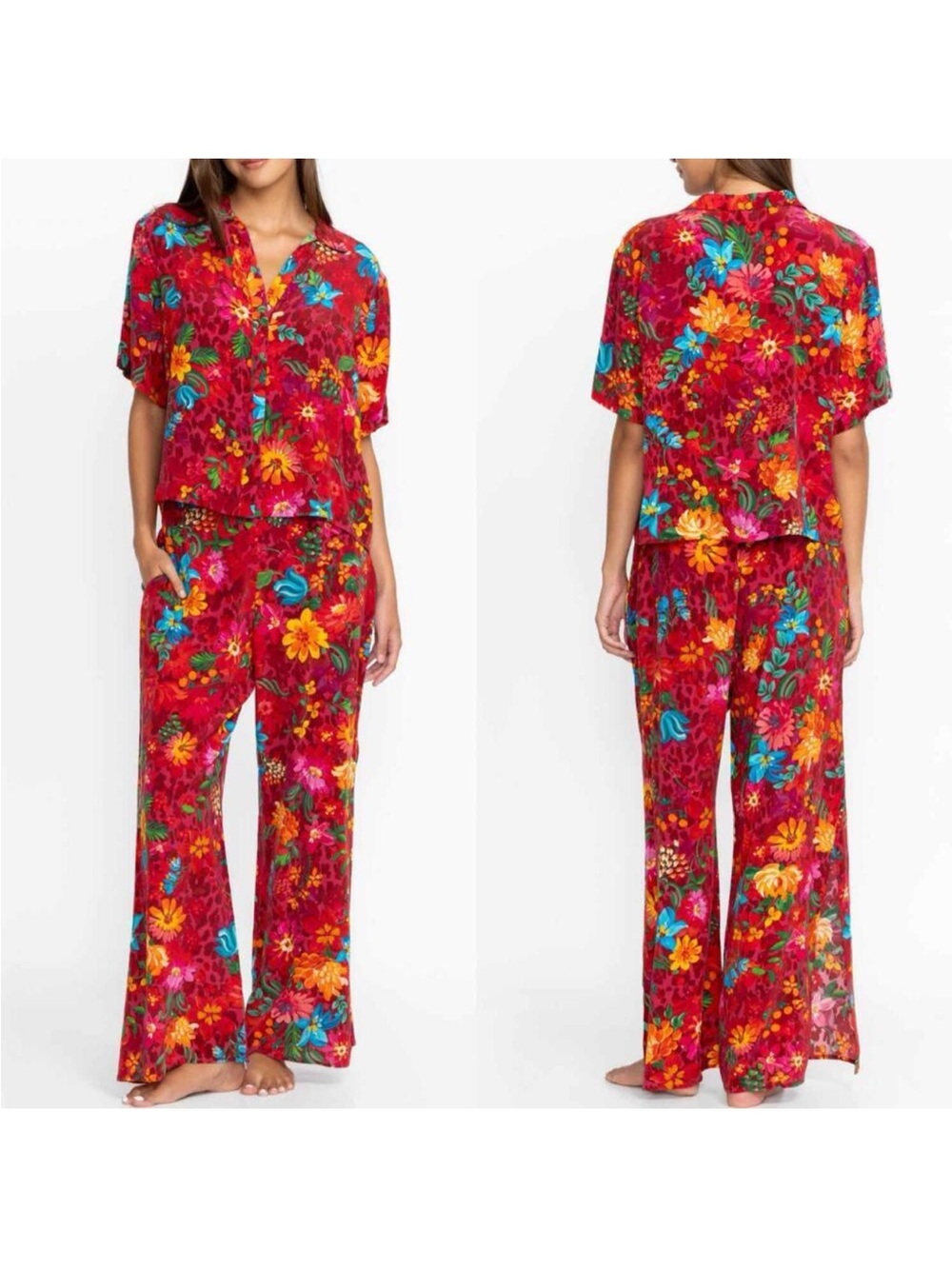 Johnny Was Red Silk Floral Short-Sleeve lounge Set